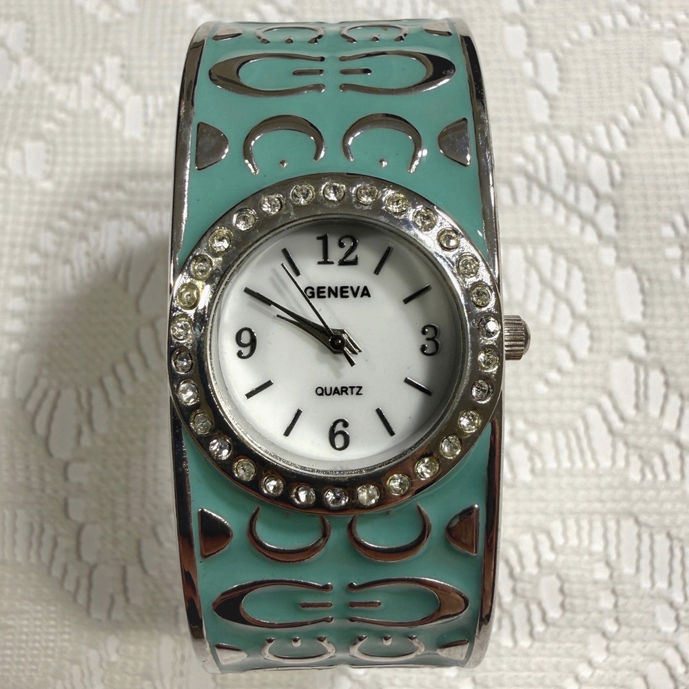 Geneva Bangle Watch Women Teal Silver Rhinestone Cuff 5092 Statement Timepiece